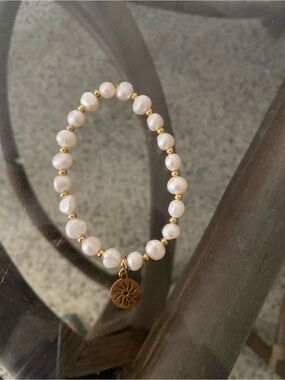 Cultured Pearl and Gold Bead Bracelet with Sun Charm - White